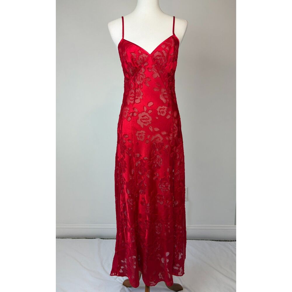 Vtg Victoria’s Secret Gold Label Burnout Jacquard Babydoll Maxi Slip Dress Red M